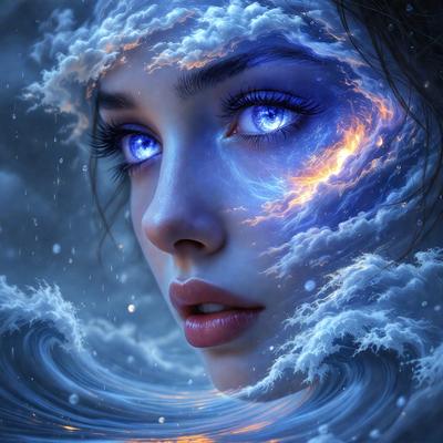 The primary subject of the image is a woman with blue eyes, who appears to be a digital art or illustration. She is surrounded by a blue and white ocean, which serves as the setting or background. The visual style of the image is digital art or illustration, and the colors and mood are predominantly blue and white, creating a serene and calming atmosphere.